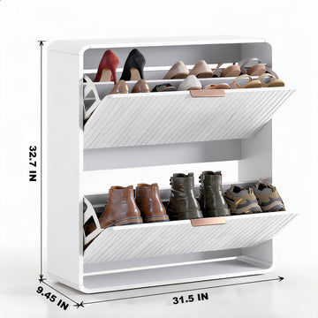 Modern Shoe Cabinet with 2 Flip Drawers, Fluted Panel Freestanding Wood Organizer, White