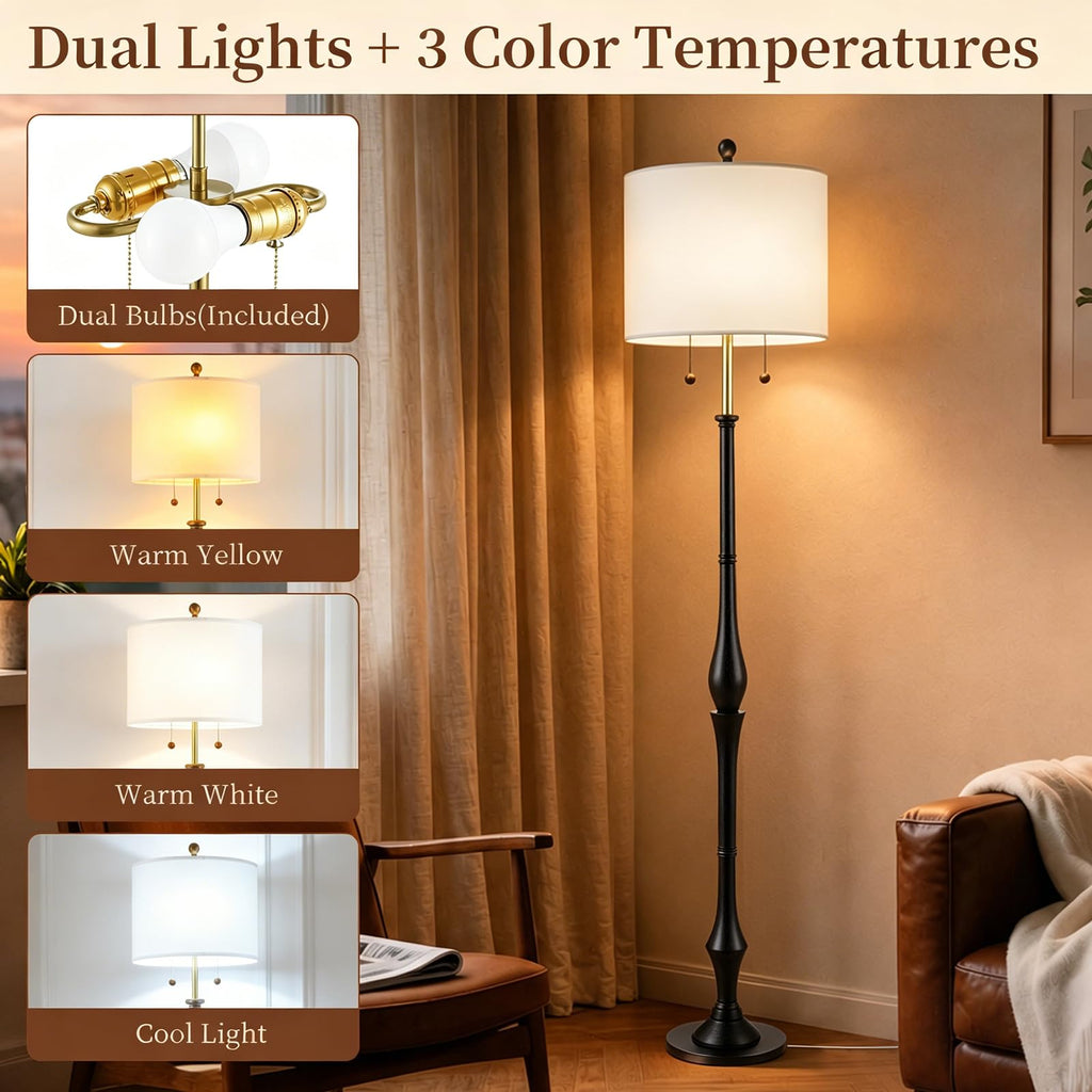 Farmhouse Floor Lamp, Solid Wood Standing Lamp, Linen Shade, Black