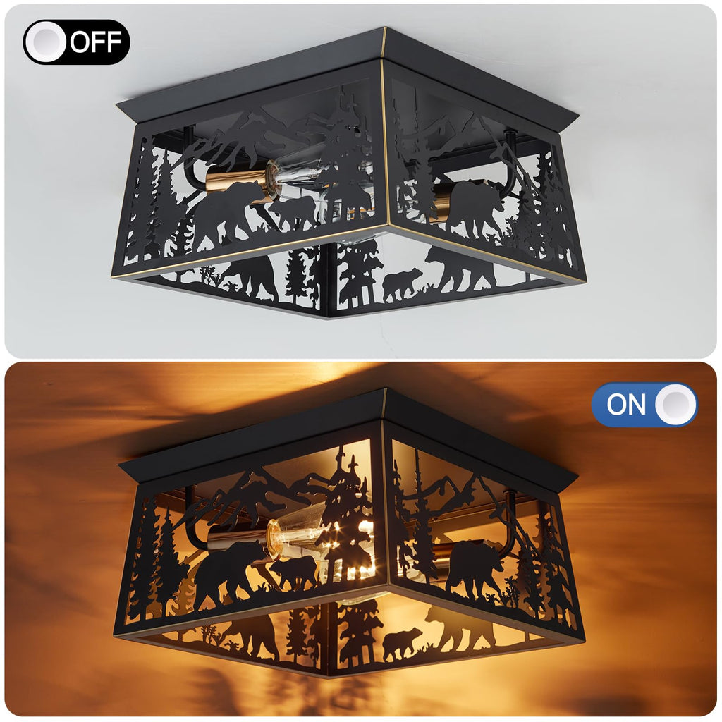 Farmhouse Flush Mount Ceiling Light Fixture, 2-Light Bear Rustic Light Fixtures for Log Cab, Outdoor Porch, and