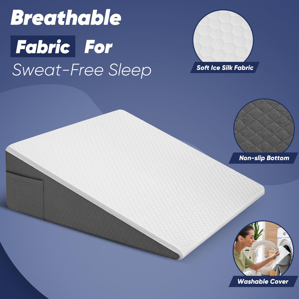 Bed Wedge Pillow for Sleeping & Resting, 8 inch Incline Pillow Wedge for Adults Seniors, Back Support and Leg