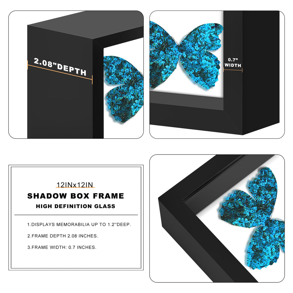 12x12 Black Wooden Shadow Box Frame, 1.2" Deep, Tempered Glass