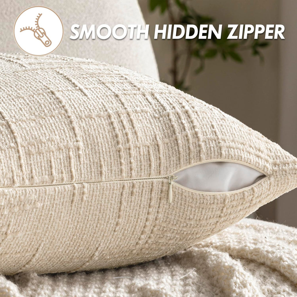 Chenille Textured Lumbar Throw Pillow Covers Beige 12x20 Set of 2