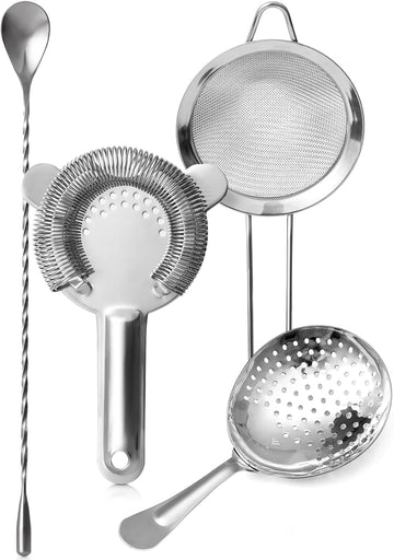 Cocktail Strainer Set - Bar tools Stainless Steel Includes Hawthorne Strainer, Julep & Fine Mesh Cocktail Strainers - Set of 4
