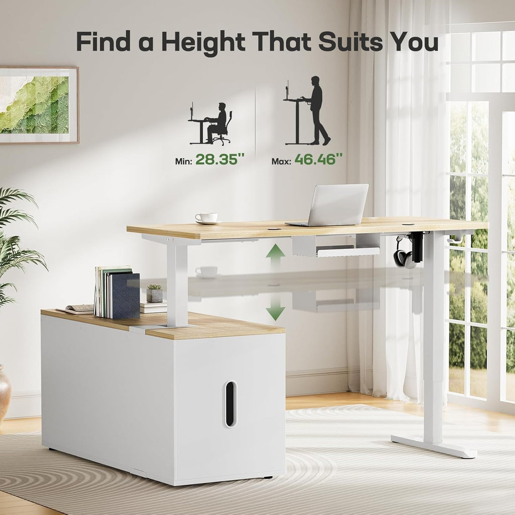 L-Shaped Executive Standing Desk with File Cabinet, 55" x 24" Electric Height Adjustable Stand up Desk, One-Whole