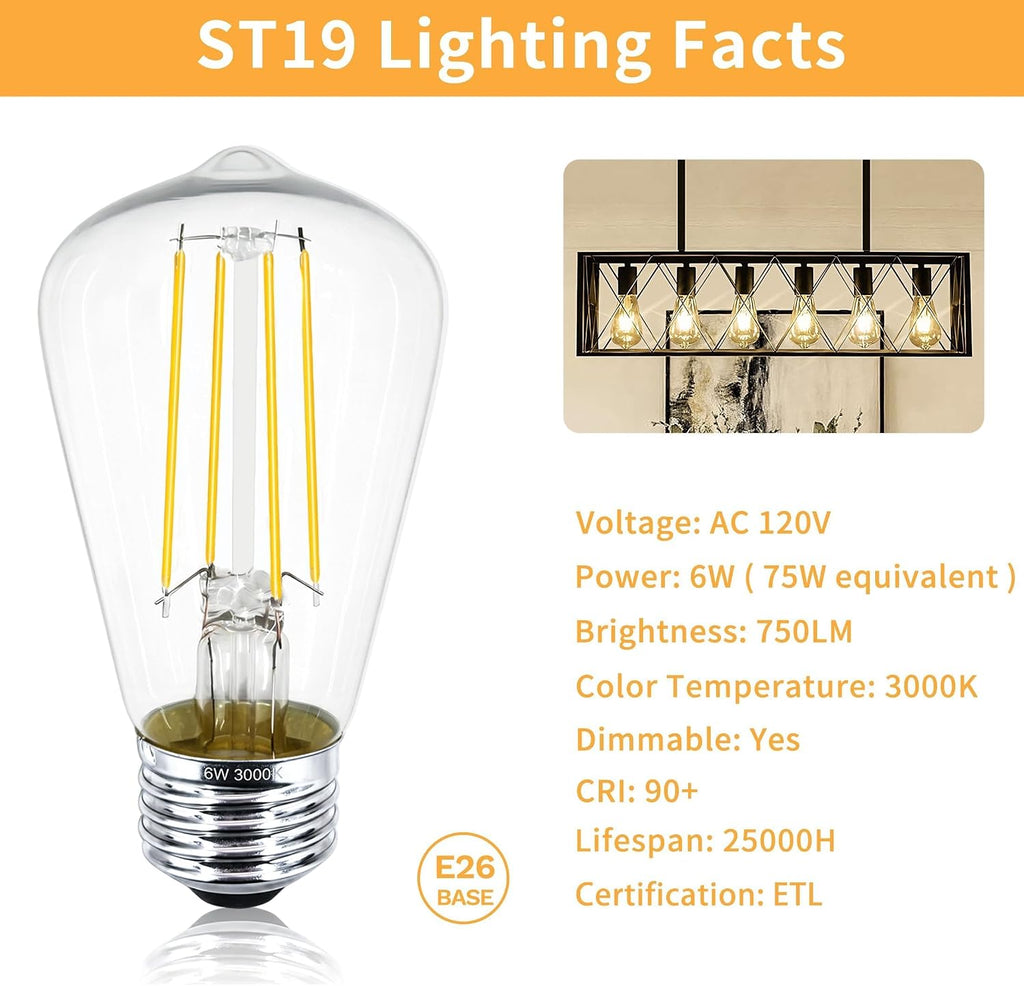 Edison Bulbs ST19 Dimmable E26 Medium Base 3000K Warm White, 3 Pack