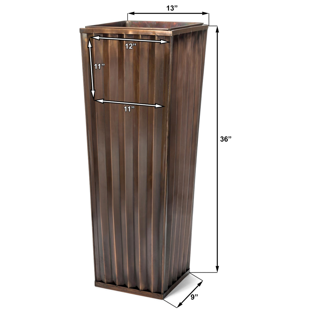 36 in Tall Ribbed Planter, Antique Copper Finish, Lift Out Insert