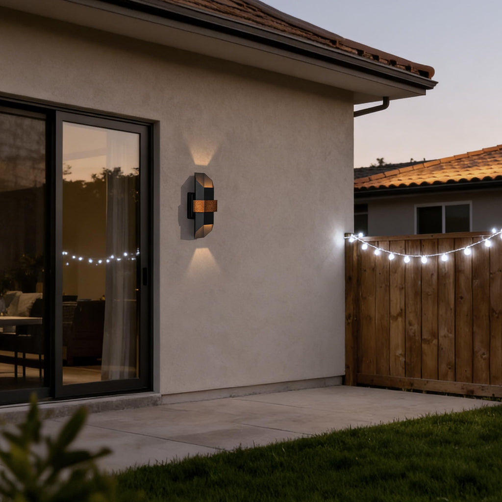 2 Pack LED Up Down Outdoor Wall Lights, with Wood-Grain Metal Belt