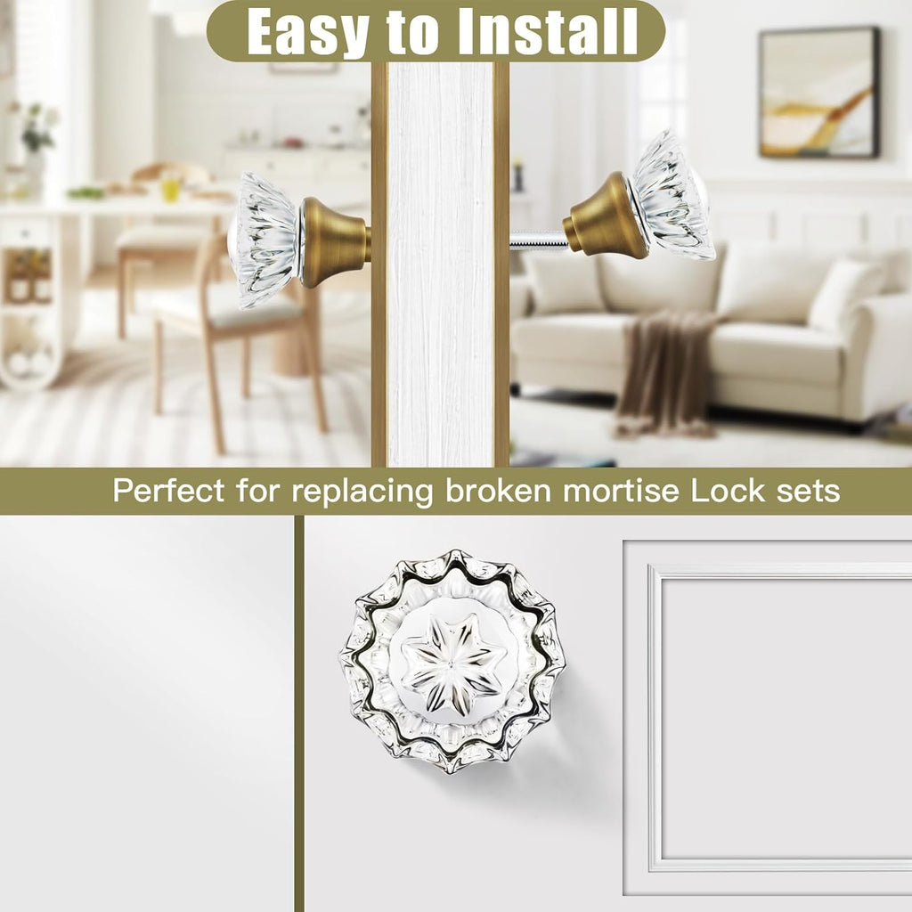 Crystal Glass Door Knobs Interior with Spindle, Antique Brass, 1 Pack