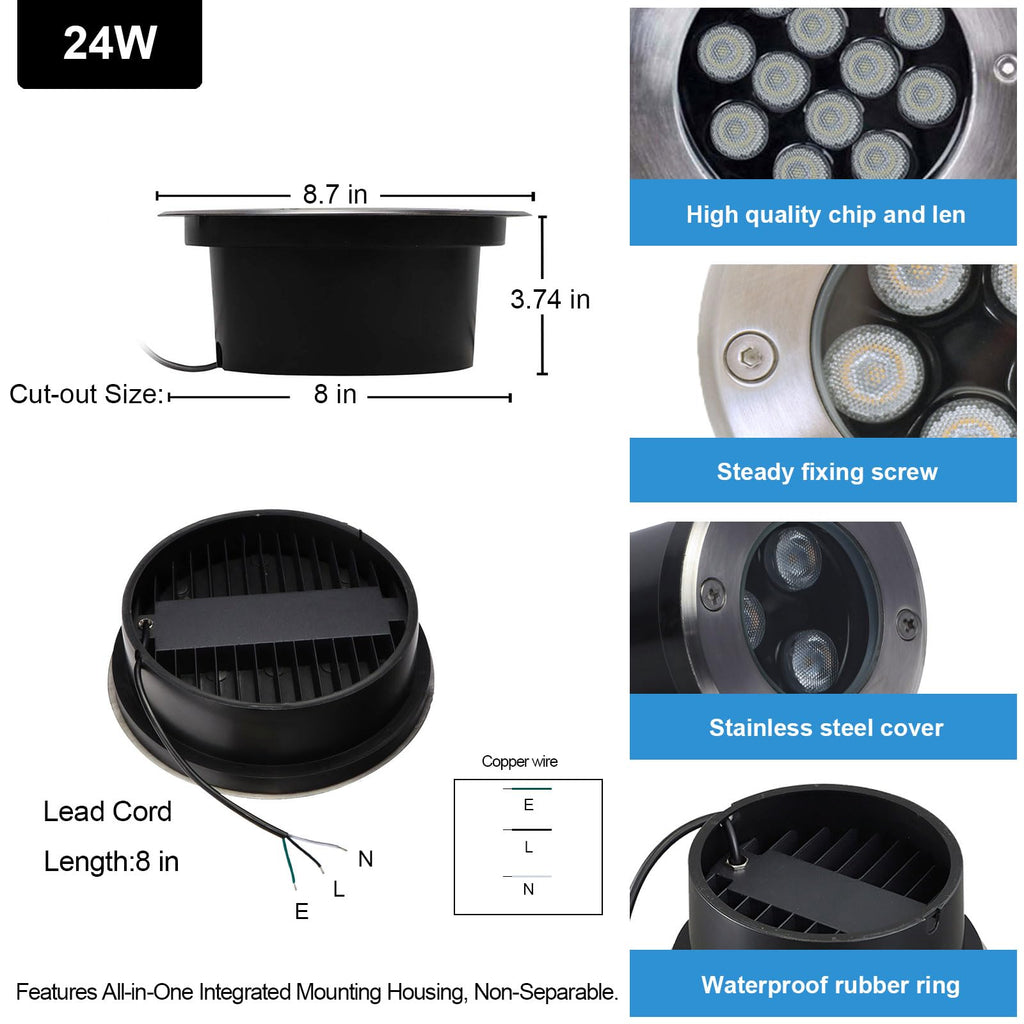 24W Outdoor In-Ground Lights, 120V Hardwired Path Lights, 4-Pack