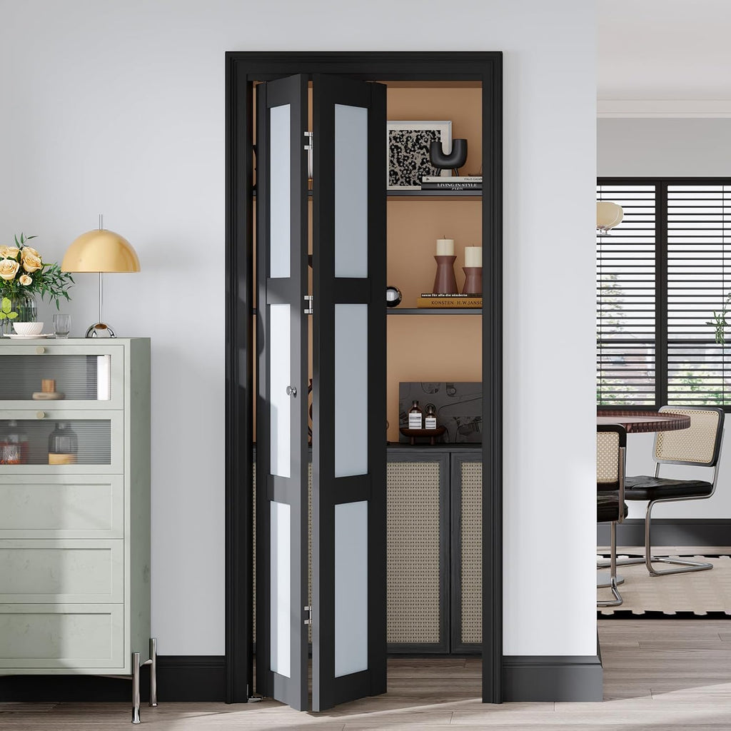 Bifold Closet Doors,Folding Door for 30" x 80" Opening,3-Lite Tempered Frosted Glass,Black Interior 