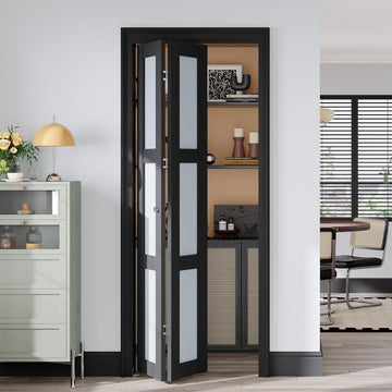 Bifold Closet Doors,Folding Door for 30" x 80" Opening,3-Lite Tempered Frosted Glass,Black Interior 