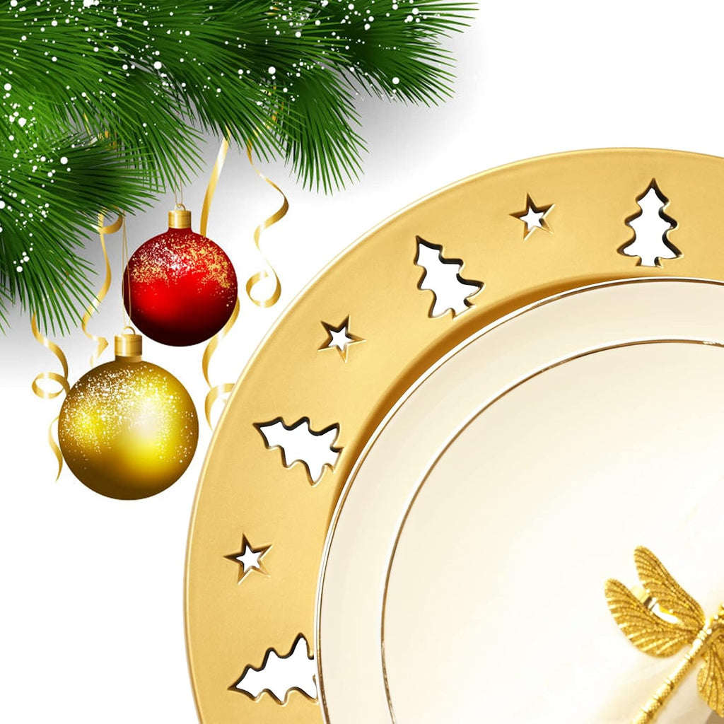 Christmas Tree Gold Charger Plates, Set of 6 Reusable Chargers for Dinner Plates, Table Setting, Christmas Holiday