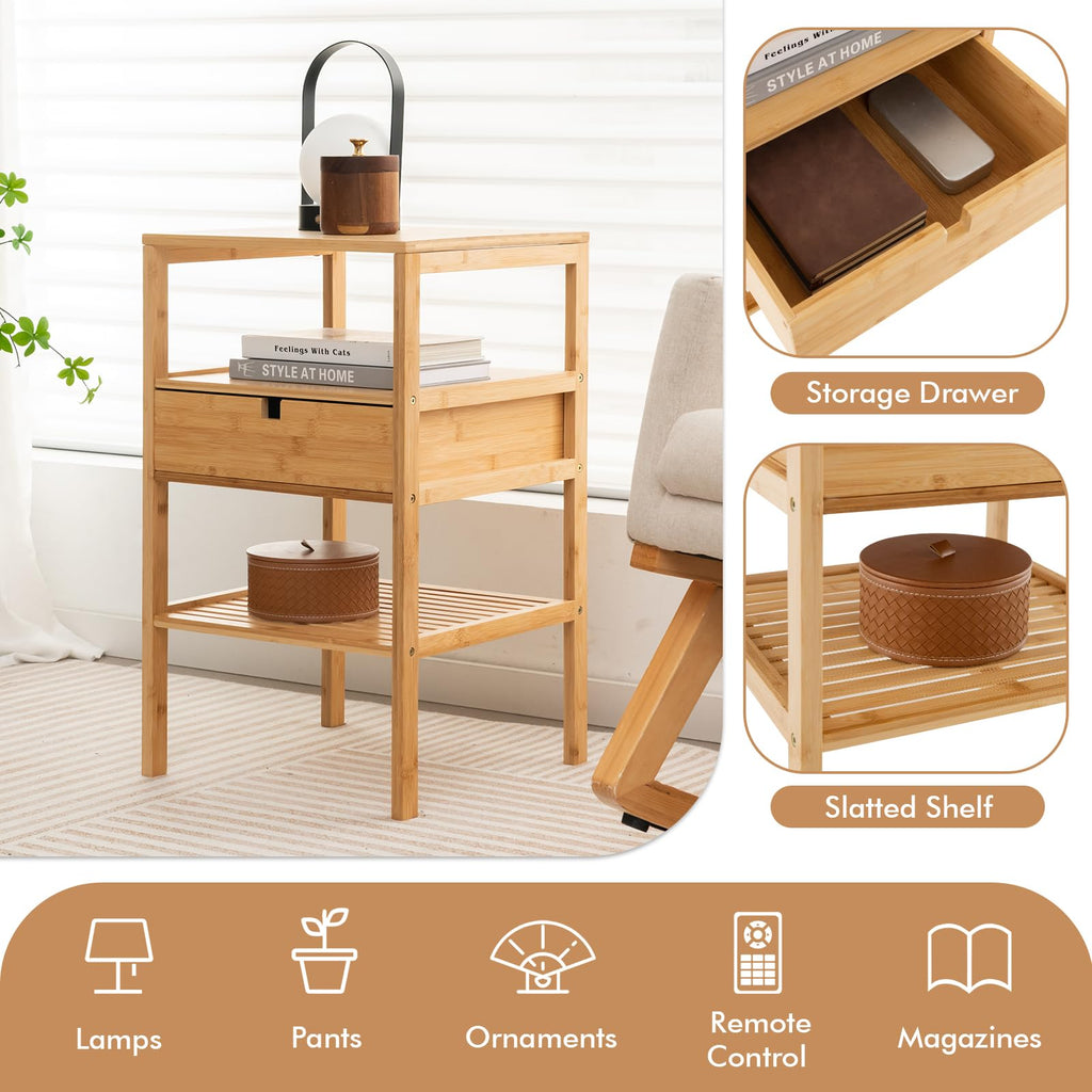 Bamboo Nightstand Set of 2, Wood Side Table with Drawer & Shelf