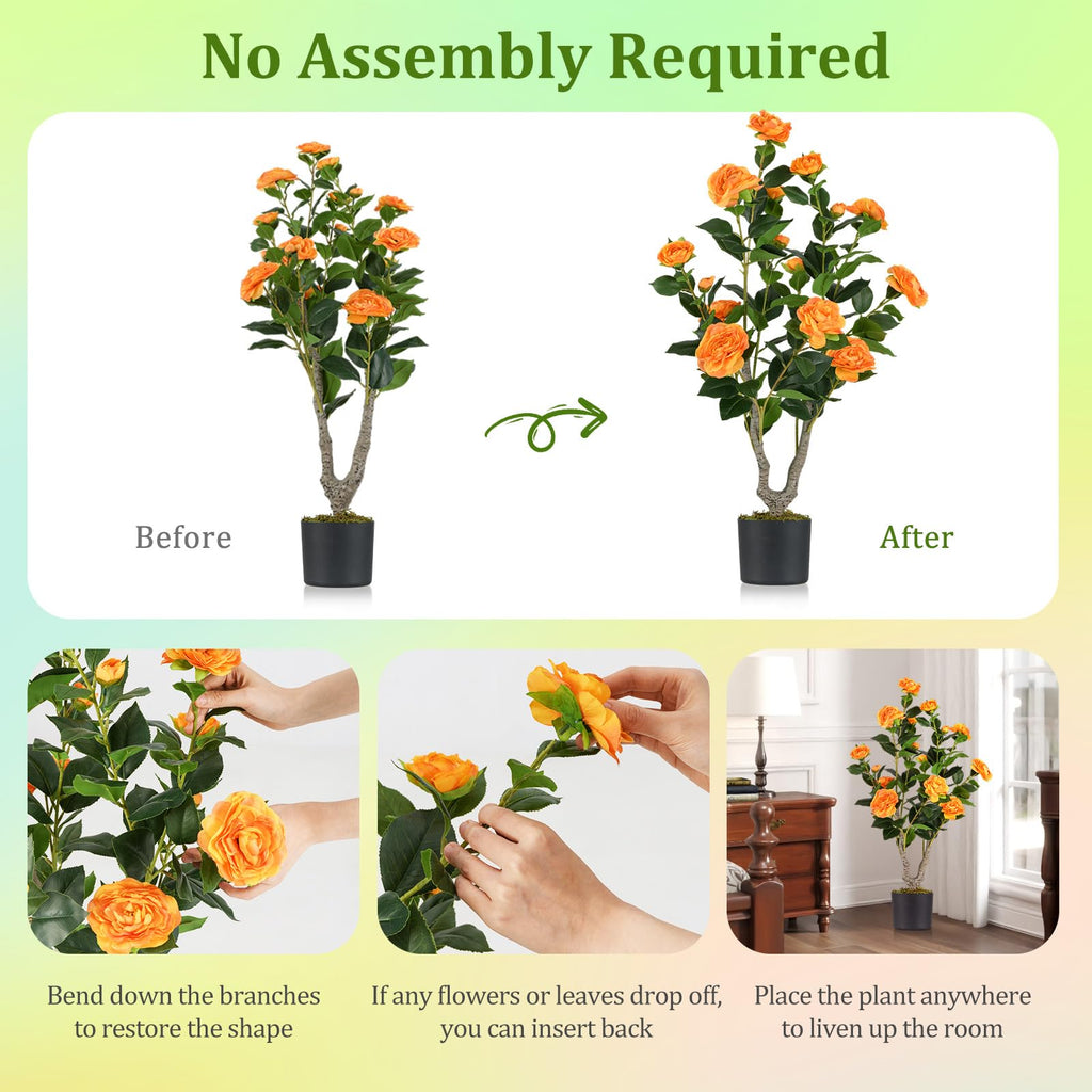3FT Artificial Camellia Tree, 2 Pack Faux Camellia Plant with Orange Flowers, Solid Wood Trunk, Realistic Moss