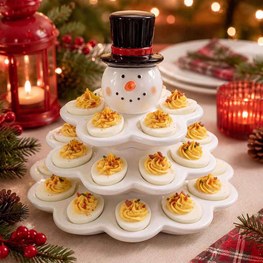 4 Layer Ceramic Snowman Christmas Tree Deviled Egg Platter, 26 Hole