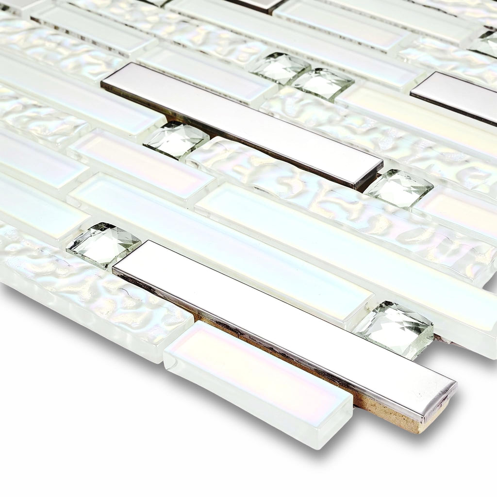White Silver Glass Metal Tile Kitchen Backsplash 5 Sq Ft
