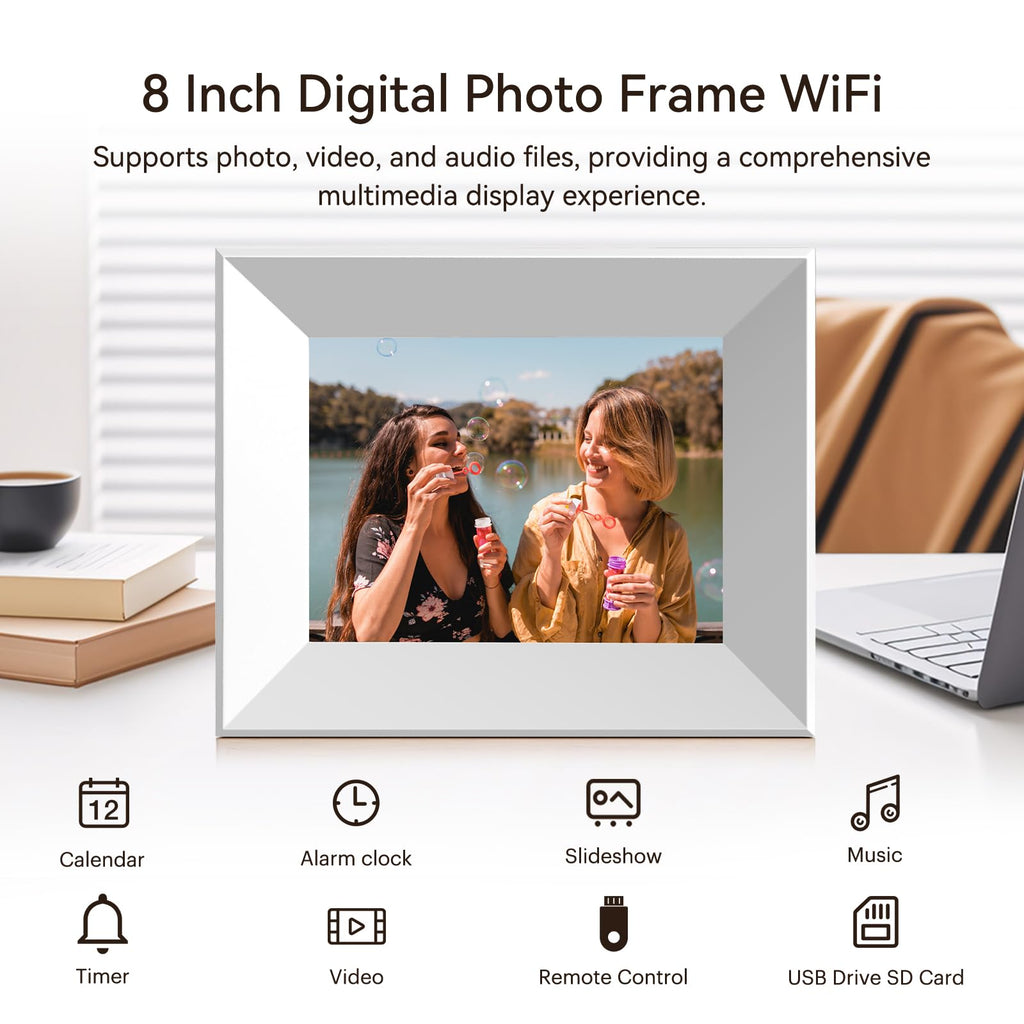 8-Inch Digital Picture Frame with WiFi, Wood Finish Frame Smart Photo Frame HD IPS Touch Screen with 16GB Storage