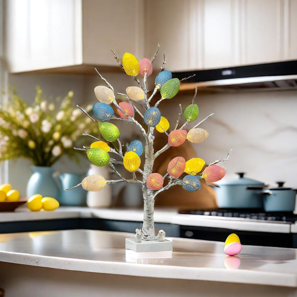 Easter Decorations,Pre-Lit Artificial Easter Egg Tree with LED Lights,2FT Lighted Birch Tree,Light up Tree Lamp
