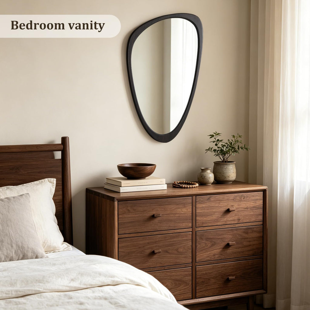 30" H x 19" W Asymmetrical Mirror, Irregular Wooden Wall Mirror - Mid-Century Modern Decorative Mirror, Solid Wood