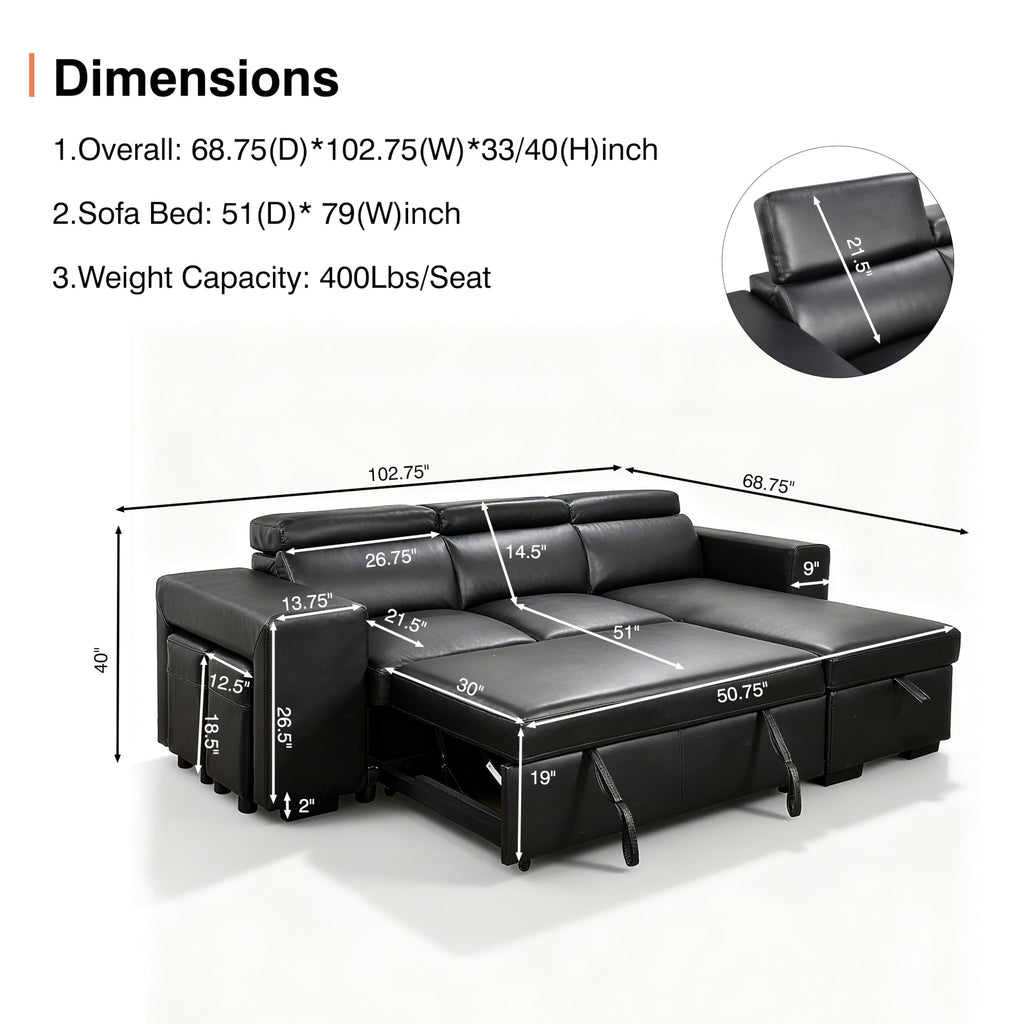 102'' Black Leather L Shaped Sectional Sleeper Sofa with Pull Out Bed