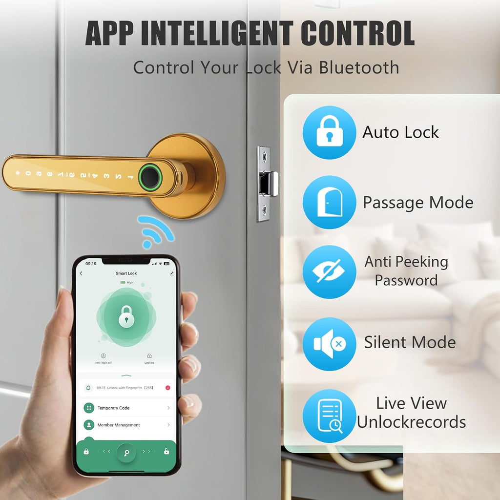 Smart Door Lock with Knob, Keyless Entry Door Locks with Handle, Fingerprint Door Knob /Front Door/Apartment,Generate