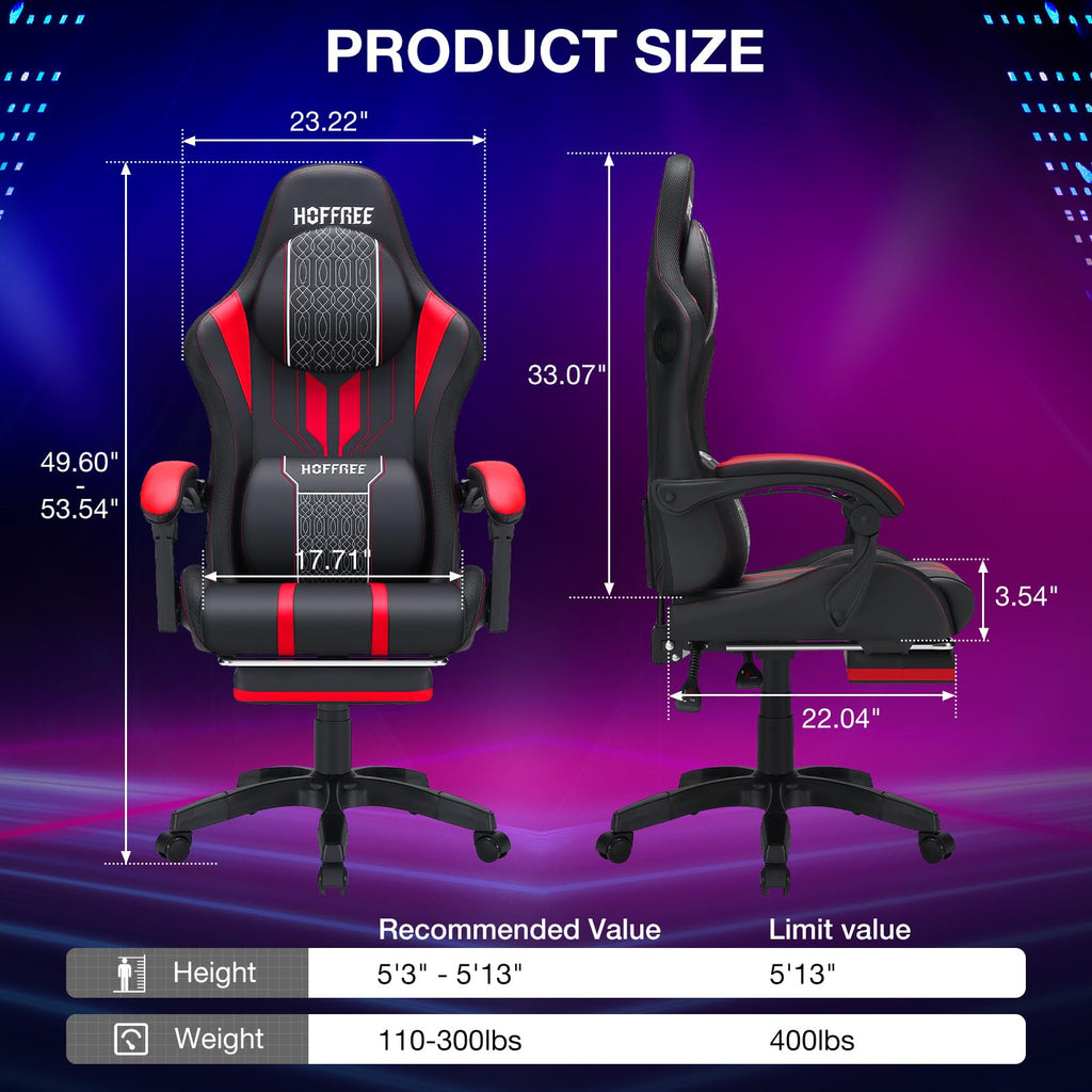 Gaming Chair with LED Lights Speakers Massage Big Tall Computer Chair-Red