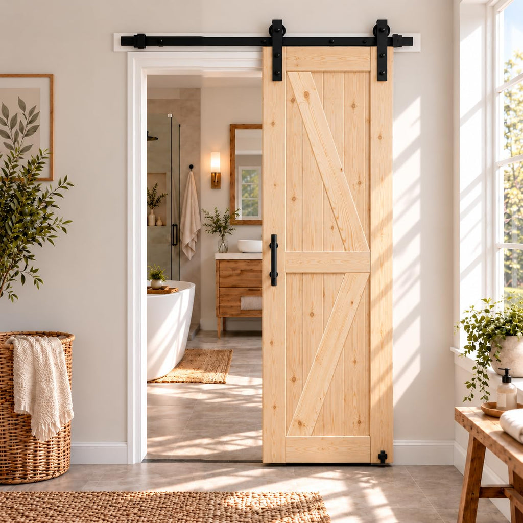 30in x 84in Unfinished British Brace Knotty Barn Door with Sliding Door Hardware Kit/Solid Wood/Sliding/Double