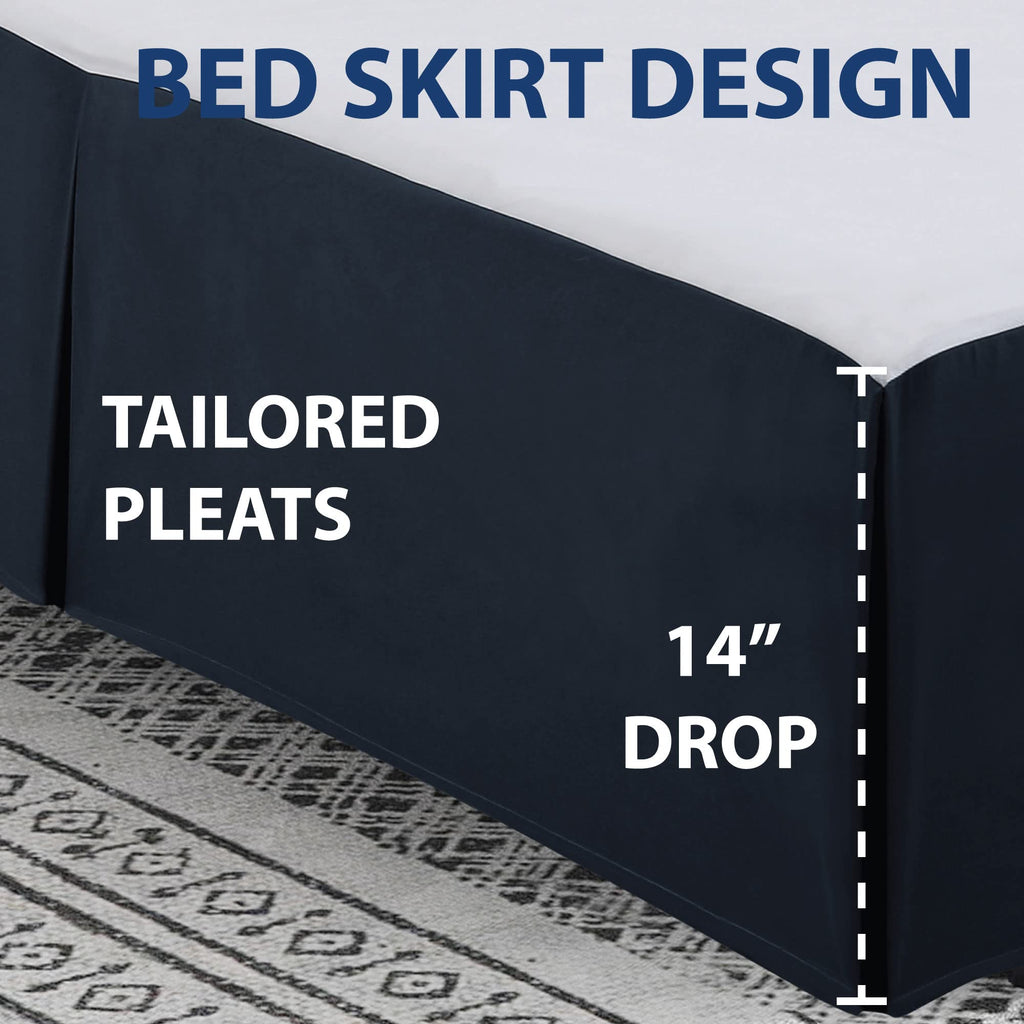 Queen Tailored Pleated Bed Skirt, 14" Drop, Navy