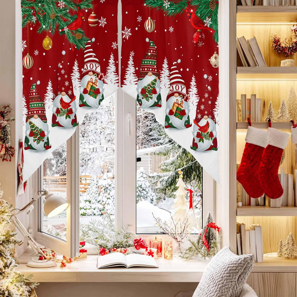 Swag Valances for Windows, Merry Christmas Tree Gnomes Red Rod Pocket Kitchen Window Curtains Over Sink, Cardinals
