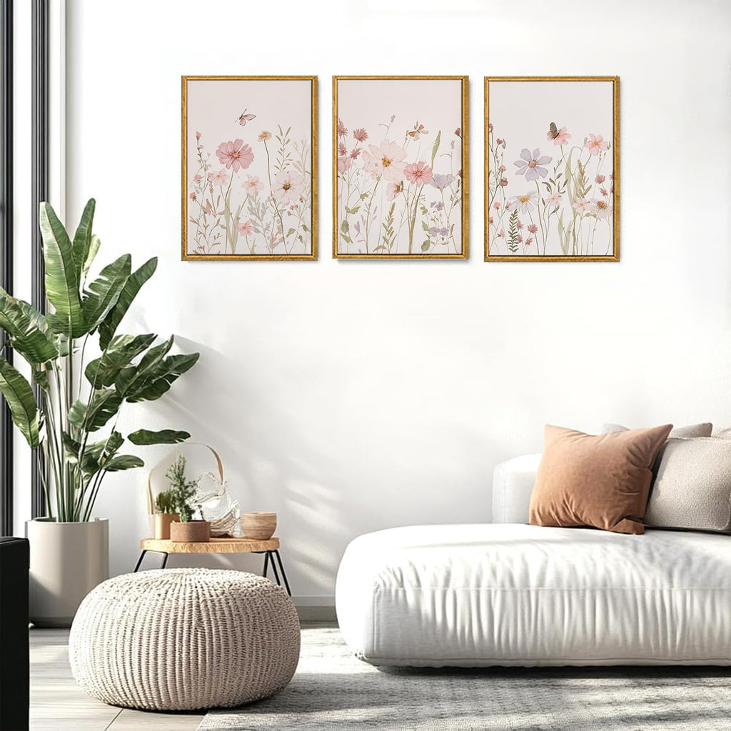 3 Piece Framed Wall Art Wildflower Wall Decor Botanical Canvas Art Floral Pictures Watercolor Paintings Pink Artwork