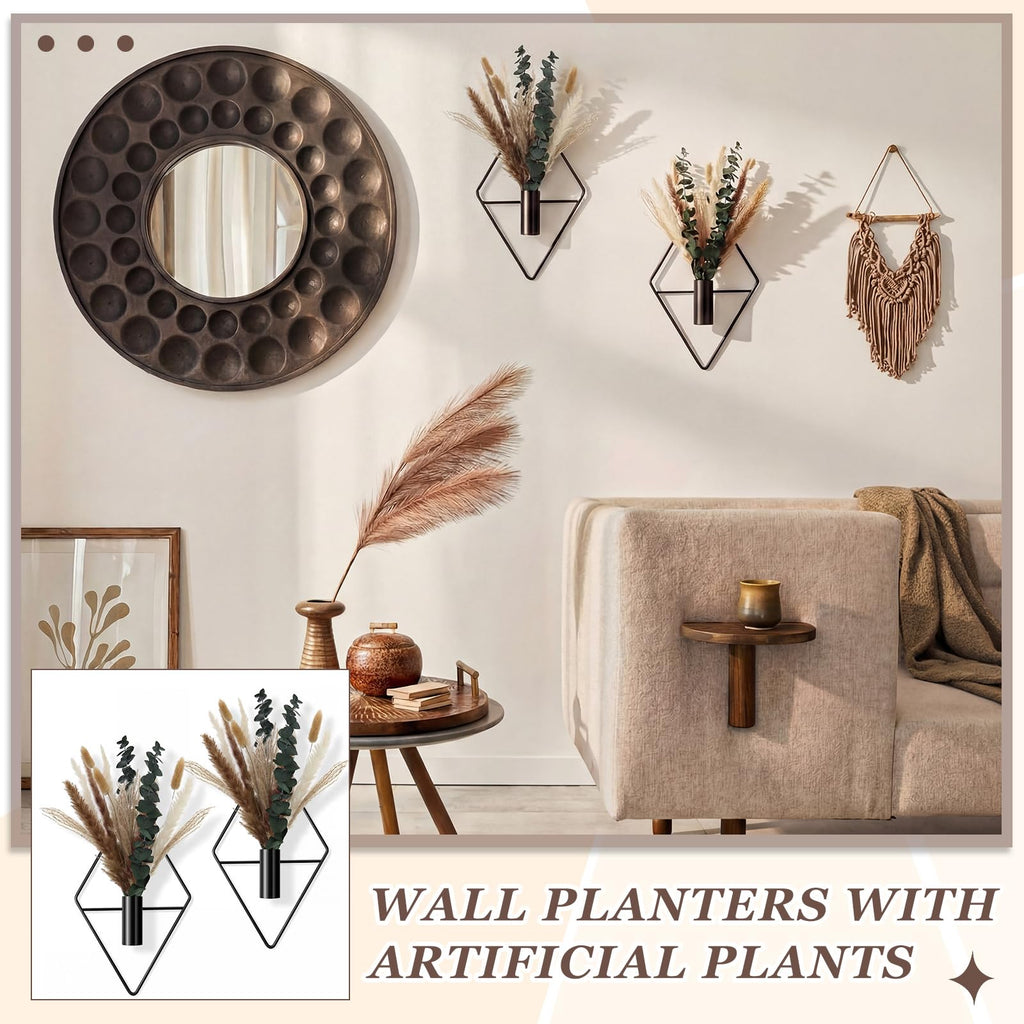 2 Pcs Hanging Artificial Planters Wall Decor, Matte Black, Pampas