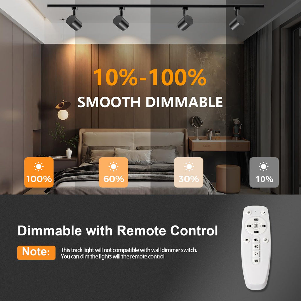 6 Lights Remote Control LED Track Lighting Kit Dimmable, 10W Black