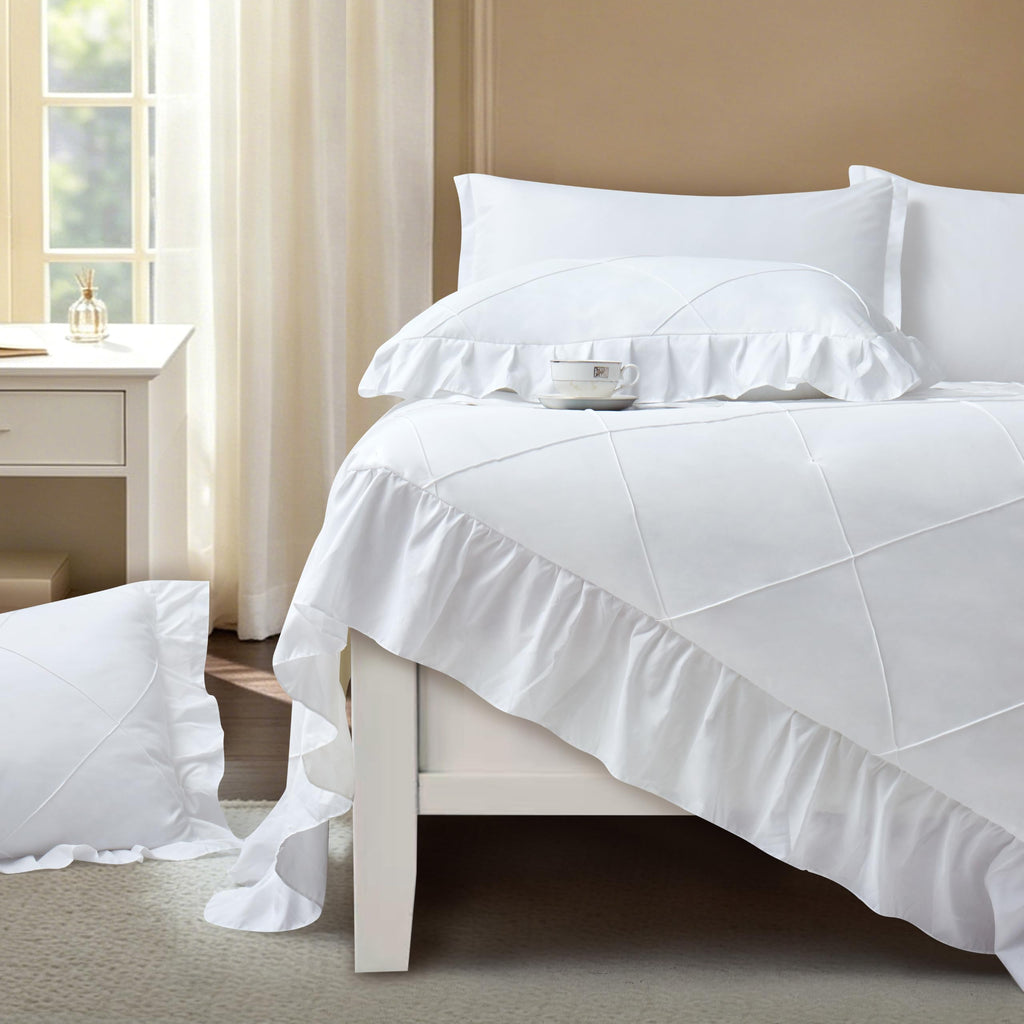 White Comforter Set, 7 Pcs Bed in a Bag Ruffle Bedding Set