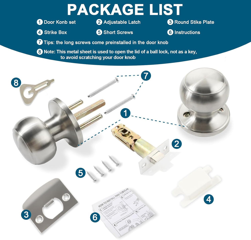 Passage Door Knobs, 4 Pack Satin Nickel Door Knobs, & Closet Non-Locking Interior Round Door Handles Keyless