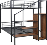 Full Over Full Metal Bunk Bed with Storage Stairs and Wardrobe, Bunk Bed for Adults/Kids/Teens, Black