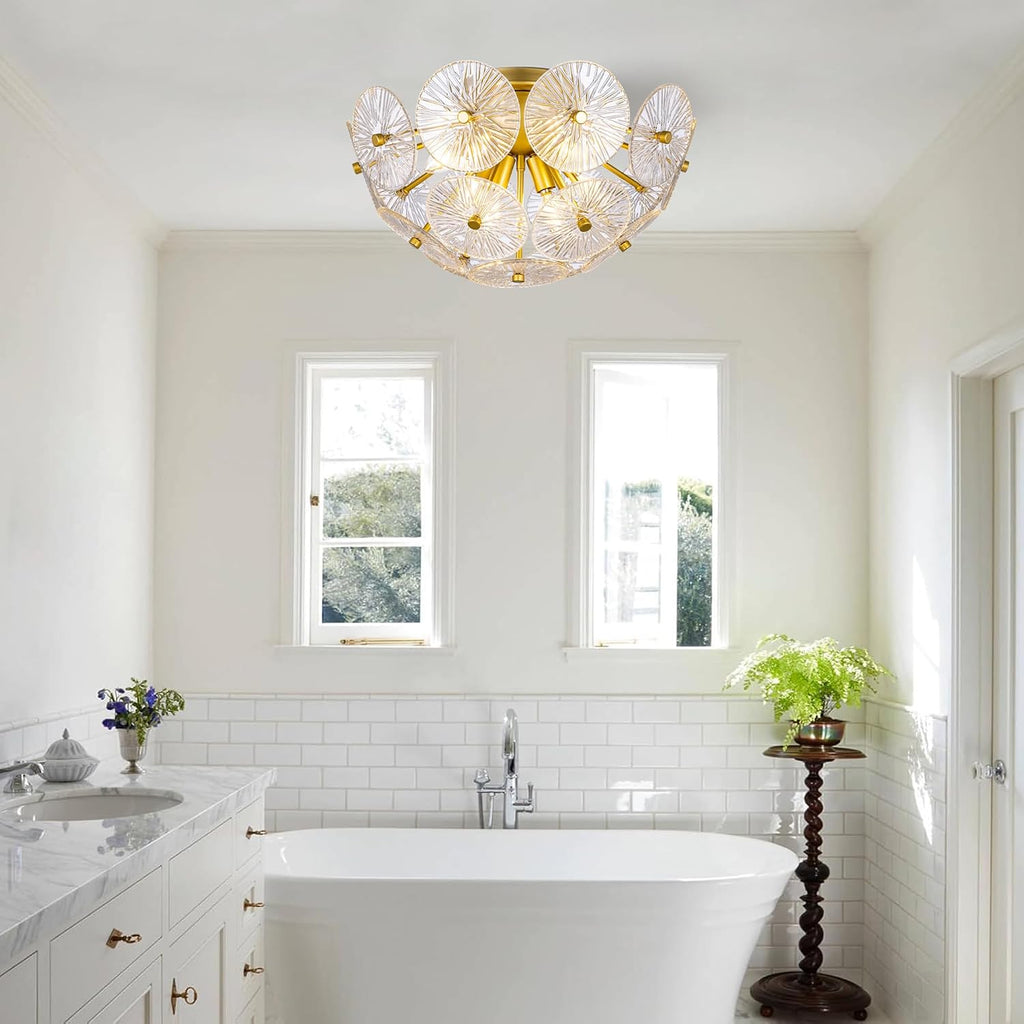 6 Lights Flush Mount Ceiling Light Fixture, 21.85" D Modern Glass Chandelier, Gold Glass Flush Mount Chandelier