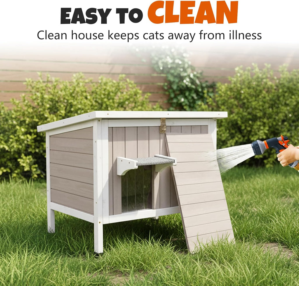 Outdoor Elevated Cat House for 1-2, Weatherproof Wooden Cat Shelter with PVC Ventilated Curtain, Dual Escape Doors