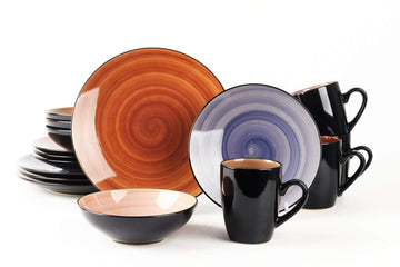 16-Piece Dinnerware Set - Serves 4, Black and Speckled Purple Plates & Bowls Set | Microwave & Dishwasher Safe Mix