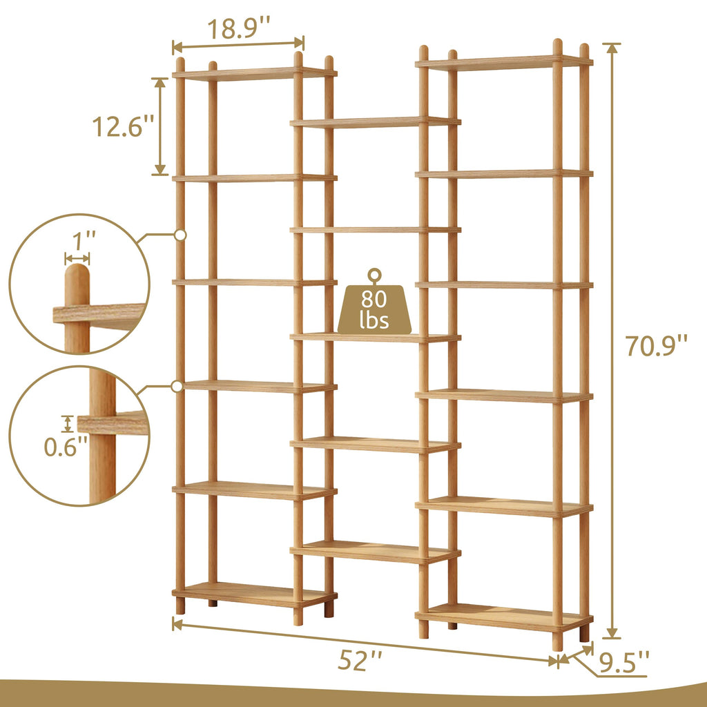 Wooden Triple Wide Bookshelf, 6-Tier Large Open Bookcase, Oak
