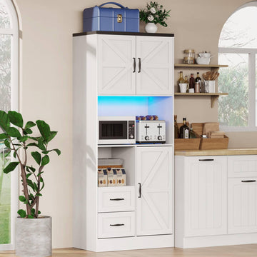 Farmhouse Kitchen Pantry Cabinet with LED Lights and Power Strip, Tall Kitchen Storage Cabinet, Kitchen Hutch with
