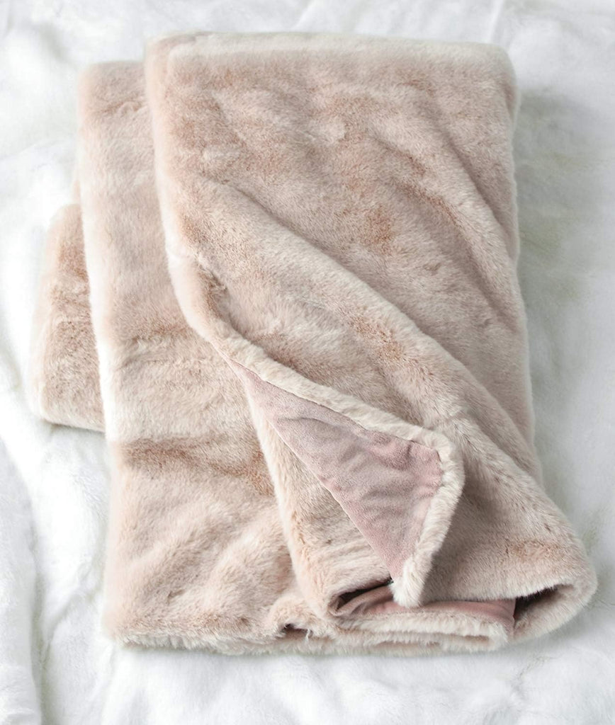 Faux Fur Oversized Throw Blanket with Plush Velvet Reverse, Fox Lynx or Gray Mink (Blush X-Long)