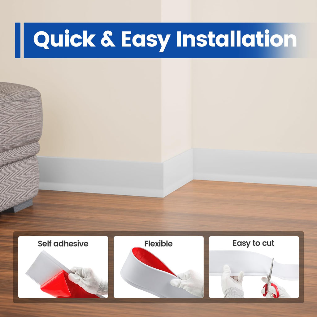 4"×20' White Vinyl Baseboard Molding Trim with Self Adhesive