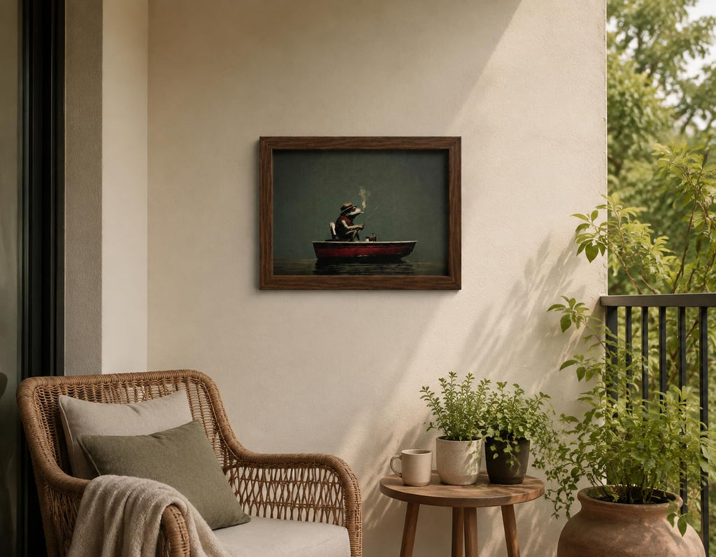 Framed Frog Fishing Wall Art Vintage Rustic Lake House Picture