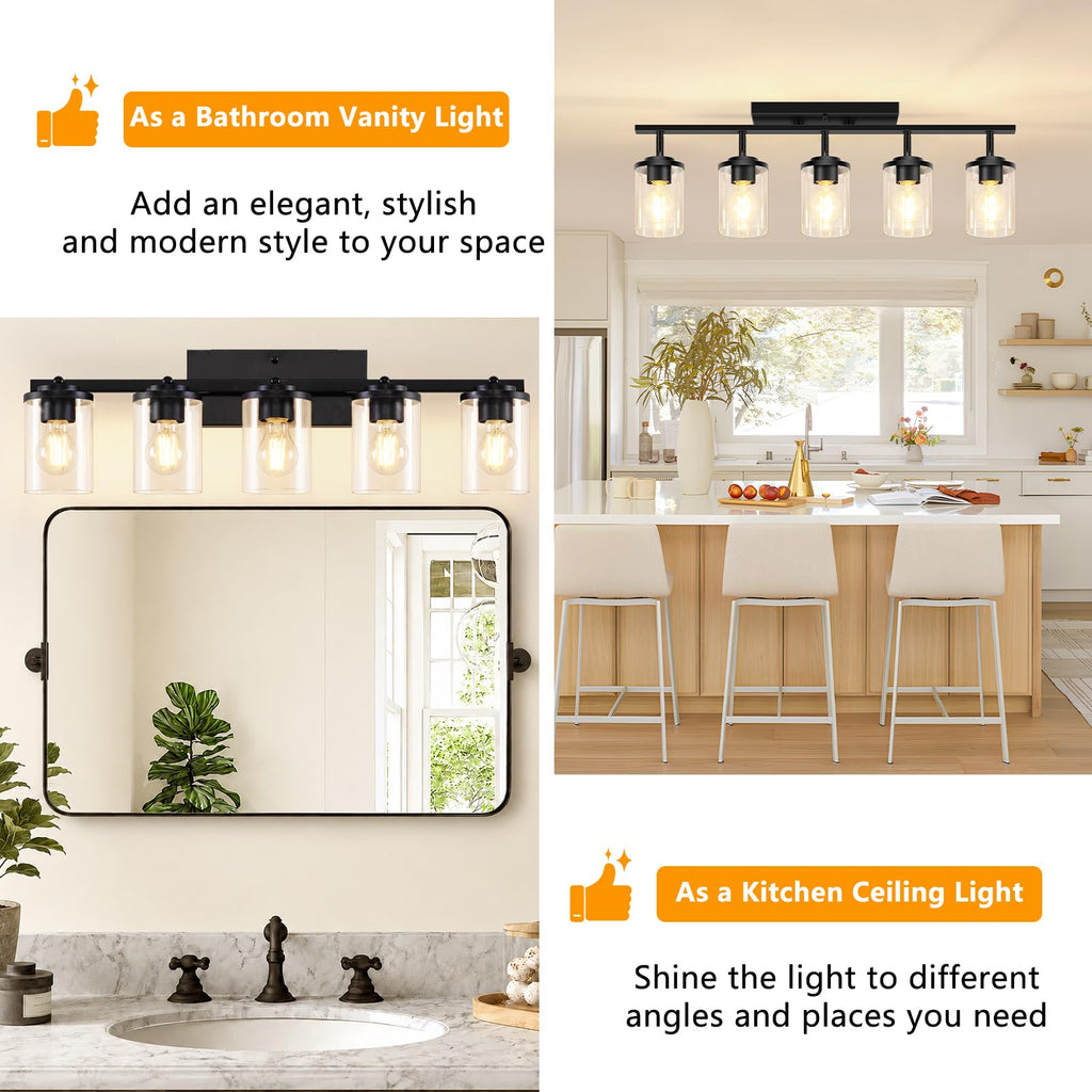 5-Lights Black Semi Flush Mount Ceiling Light Fixtures, Modern Clear Glass Shade Farmhouse Kitchen Ceiling Lamp