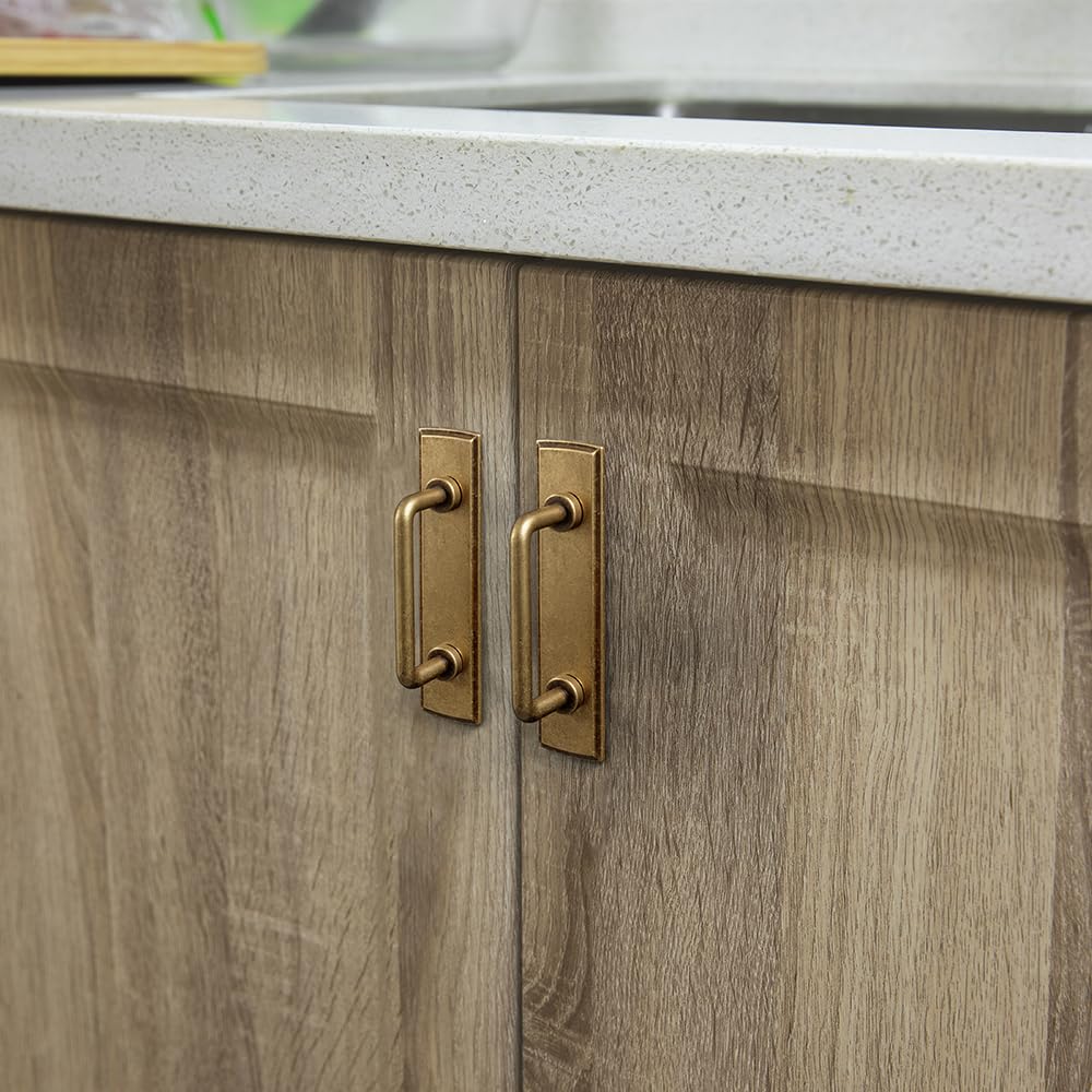 Antique Brass Cabinet Pulls with Escutcheon Backplate, 3 in Hole Center Solid Vintage Kitchen Drawer Handles