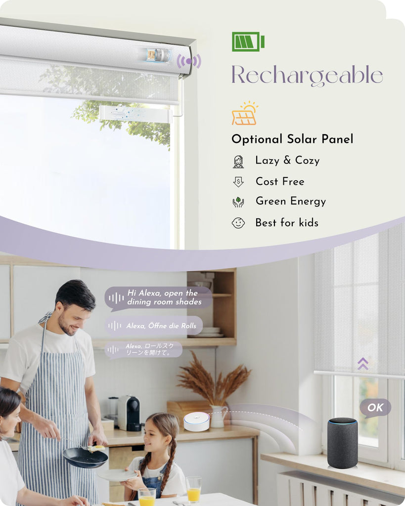 Motorized Light Filtering Solar Roller Shades, 5% Openness White