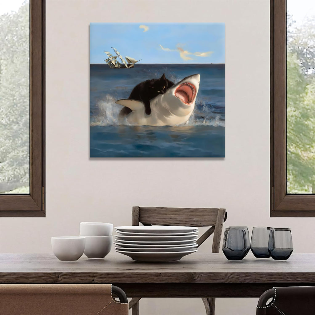 Framed Black Cat Bathroom Wall Art, Funny Quirky Cat and Shark Pictures Canvas Print, Abstract Black Cat Shark