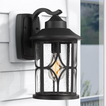 Outdoor Wall Mount Light, 14.6 Inch Industrial Exterior Wall Light for Porch, Die-Cast Aluminum with Seeded Glass