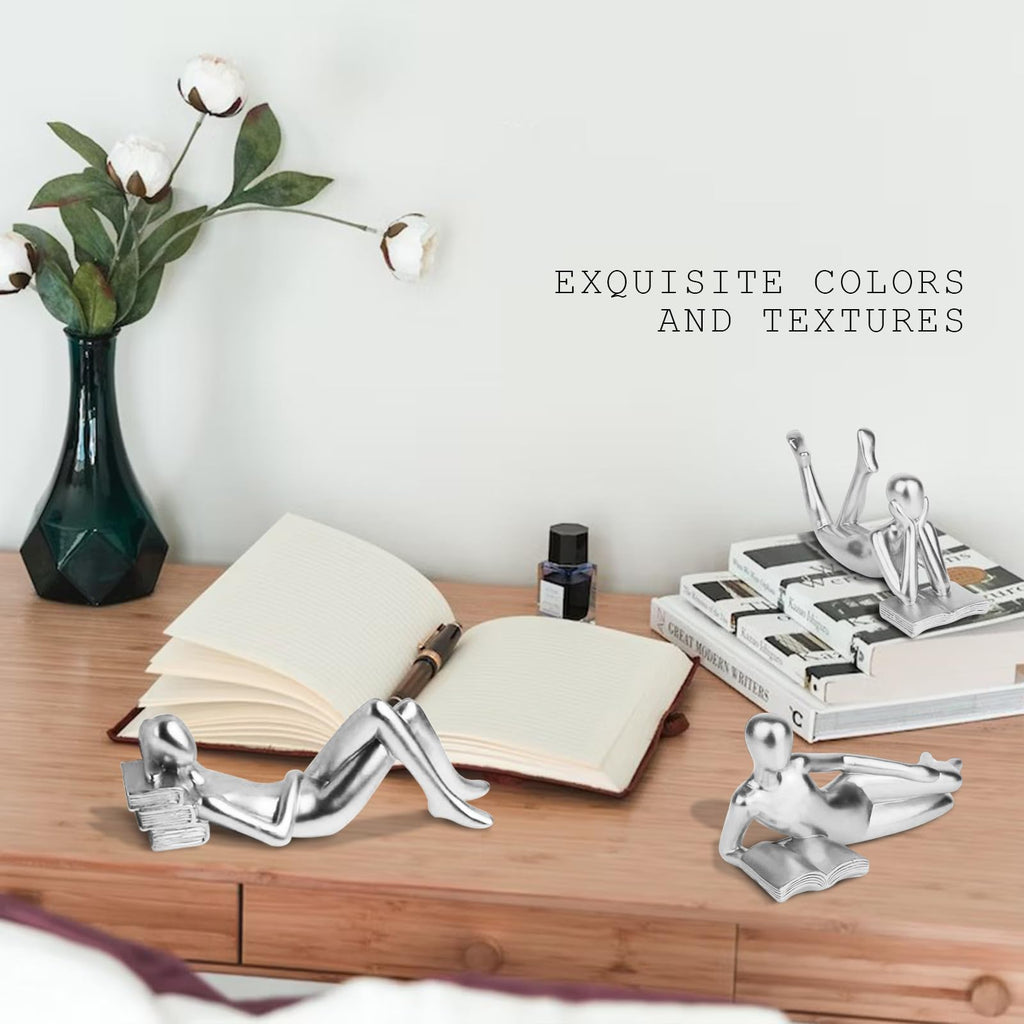 Silver Home Decor Thinker Reading Women Statue, Modern Shelf Decor Accent Decorations, Resin Collectible Figurines