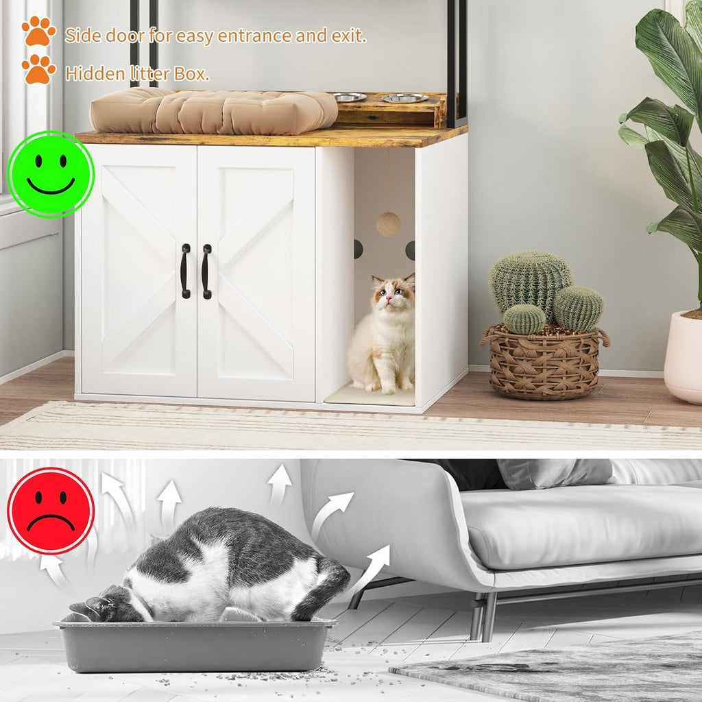 53" H Cat Litter Box Enclosure, Hidden Cabinet w/Storage & Charging, White